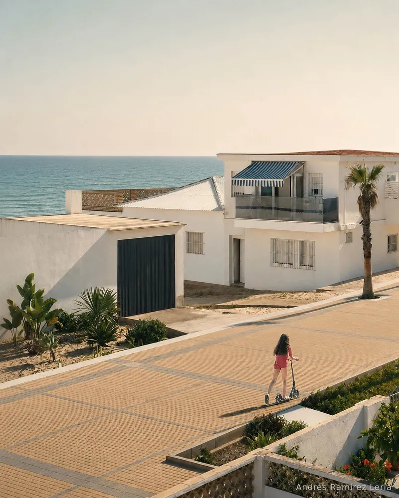 En la calle Céfiro, a principios de julio, una niña en patinete parece medir el verano a su manera: sin prisa, sin mirar atrás, con el mar al fondo y La Antilla abierta por delante. Hay escenas que no necesitan hacer ruido para quedarse.